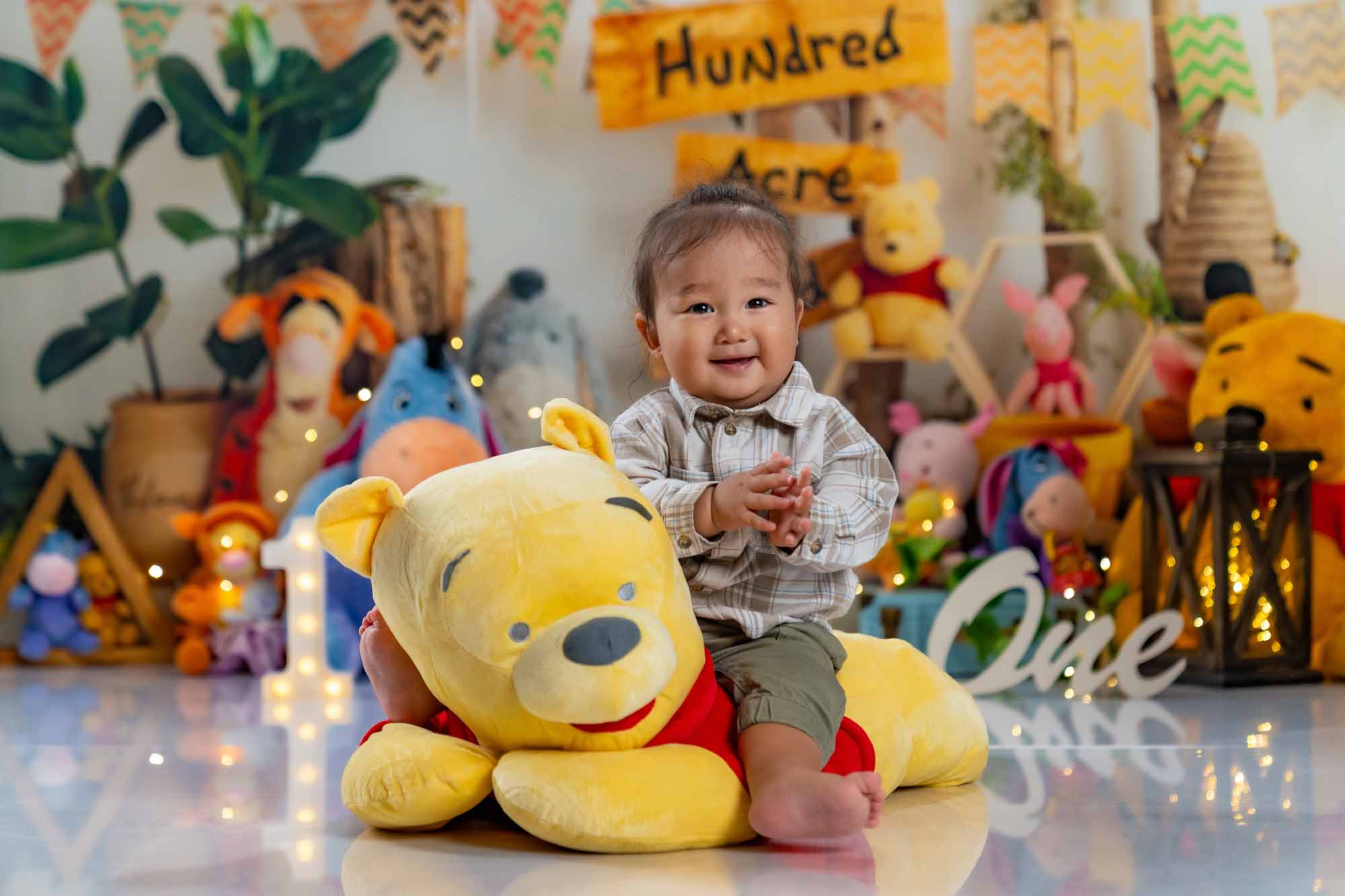 Baby sitzt lachend auf einem großen Winnie-the-Pooh-Plüschtier, umgeben von thematischer Deko.